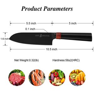 TUO Santoku Knife 5.5"- Razor Sharp Japanese Chefs Knife - HC Japanese AUS-8 Steel - Black Titanium Coated Blade - Ergonomic Pakkawood Handle with Sheath & Gift Box - Dark Knight Series