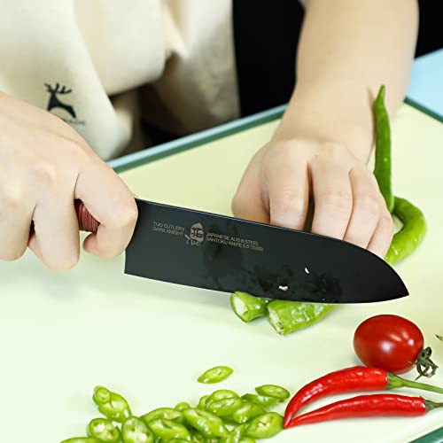 TUO Santoku Knife 5.5"- Razor Sharp Japanese Chefs Knife - HC Japanese AUS-8 Steel - Black Titanium Coated Blade - Ergonomic Pakkawood Handle with Sheath & Gift Box - Dark Knight Series