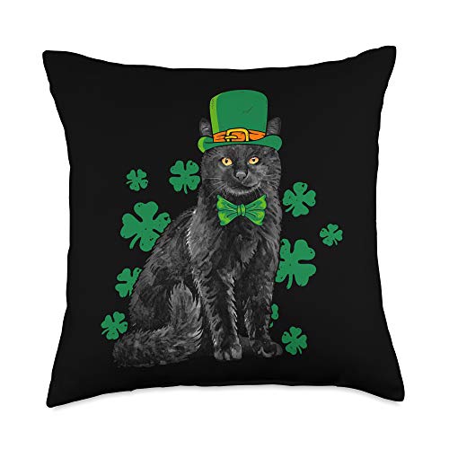 Cats Saint Patrick Shamrock Clothing Gifts By FPco Black Leprechaun St Patrick's Day Cat Lover Gift Throw Pillow, 18x18, Multicolor