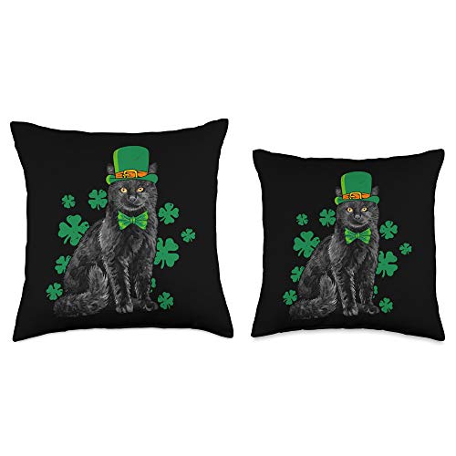 Cats Saint Patrick Shamrock Clothing Gifts By FPco Black Leprechaun St Patrick's Day Cat Lover Gift Throw Pillow, 18x18, Multicolor