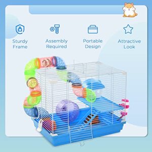 PawHut 2-Level Hamster Cage Rodent Gerbil House Mouse Mice Rat Habitat Metal Wire with Exercise Wheel, Play Tubes, Water Bottle, Food Dishes, & Interior Ladder