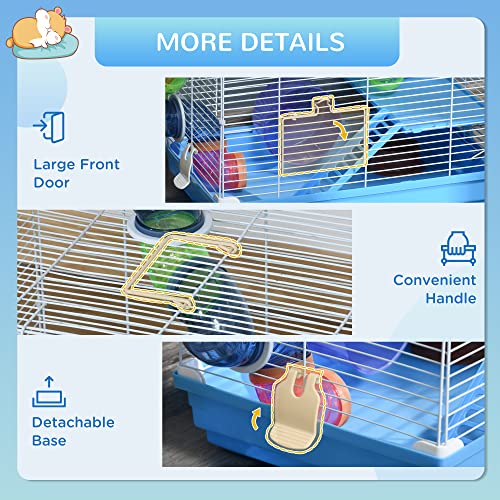 PawHut 2-Level Hamster Cage Rodent Gerbil House Mouse Mice Rat Habitat Metal Wire with Exercise Wheel, Play Tubes, Water Bottle, Food Dishes, & Interior Ladder