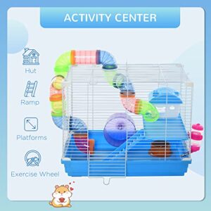 PawHut 2-Level Hamster Cage Rodent Gerbil House Mouse Mice Rat Habitat Metal Wire with Exercise Wheel, Play Tubes, Water Bottle, Food Dishes, & Interior Ladder