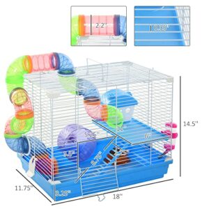 PawHut 2-Level Hamster Cage Rodent Gerbil House Mouse Mice Rat Habitat Metal Wire with Exercise Wheel, Play Tubes, Water Bottle, Food Dishes, & Interior Ladder