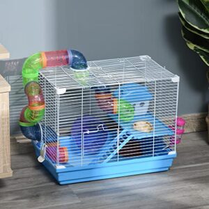 PawHut 2-Level Hamster Cage Rodent Gerbil House Mouse Mice Rat Habitat Metal Wire with Exercise Wheel, Play Tubes, Water Bottle, Food Dishes, & Interior Ladder