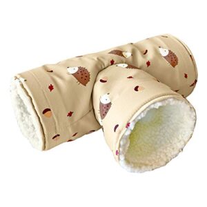 Handmade Fleece 3-Way Small Animal Tunnel Collapsible Pet Play Toy Tunnel Tube for Dwarf Rabbit Hamster Guinea Pig Toys Chinchilla Sugar Glider Hedgehog Hideout Cave (Beige)