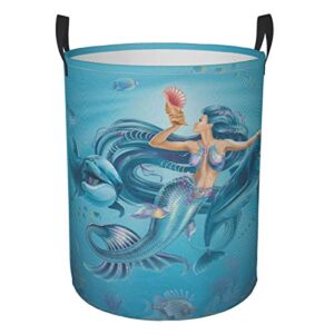 kiuloam mermaid with dolphins 19.6 inches large storage basket with handles collapsible portable laundry fabric hampers tote bag for toys clothing organization