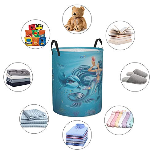 KiuLoam Mermaid with Dolphins 19.6 Inches Large Storage Basket with Handles Collapsible Portable Laundry Fabric Hampers Tote Bag for Toys Clothing Organization