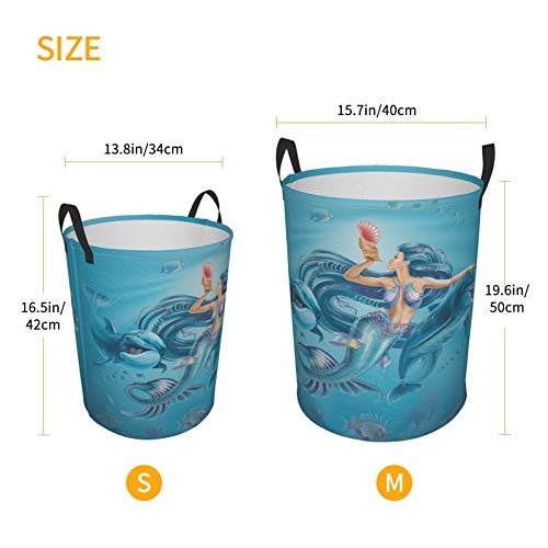 KiuLoam Mermaid with Dolphins 19.6 Inches Large Storage Basket with Handles Collapsible Portable Laundry Fabric Hampers Tote Bag for Toys Clothing Organization