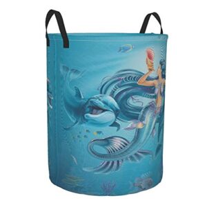 KiuLoam Mermaid with Dolphins 19.6 Inches Large Storage Basket with Handles Collapsible Portable Laundry Fabric Hampers Tote Bag for Toys Clothing Organization