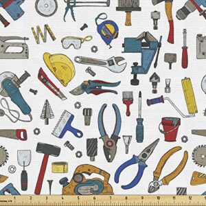 ambesonne construction fabric by the yard, repairing tools with hammer jigsaw pliers rivet screwdriver manly craft layout, decorative fabric for upholstery and home accents, 2 yards, multicolor