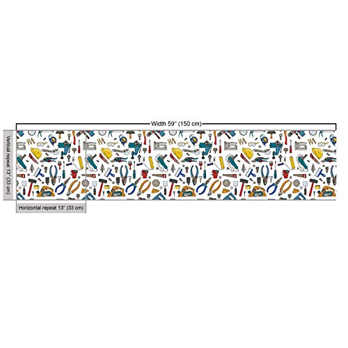 Ambesonne Construction Fabric by The Yard, Repairing Tools with Hammer Jigsaw Pliers Rivet Screwdriver Manly Craft Layout, Decorative Fabric for Upholstery and Home Accents, 2 Yards, Multicolor