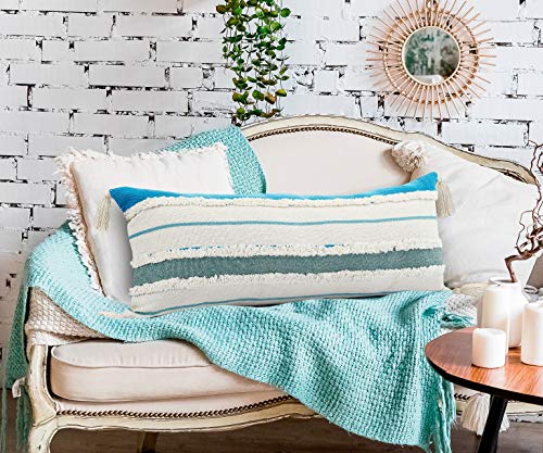 LR Home Quarry Striped Lumbar Throw Pillow, 14" x 36", Aqua/Jade/Turquoise/White