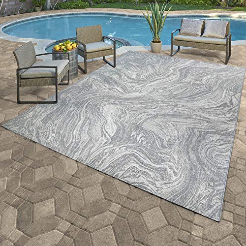 Gertmenian Indoor Outdoor Area Rug, Classic Flatweave, Washable, Stain & UV Resistant Carpet, Deck, Patio, Poolside & Mudroom, 6x9 Ft Medium, Abstract Ocean Current, Grey Cream, 22287