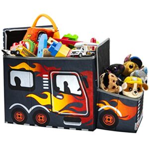 kap toy box for boys, junior size, interactive light up led toy chest, children's decorative racing truck storage bin, toy storage, foldable storage/toy box, pop up organizer, (racing collection)