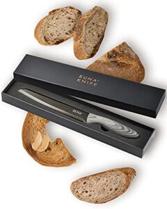 euna serrated bread knife, 8 inch bread cutter with sheath & gift box, stainless steel utility knife for slicing homemade bread, bagels, cake, non-stick coating