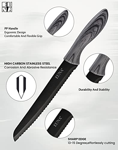 EUNA Serrated Bread Knife, 8 Inch Bread Cutter With Sheath & Gift Box, Stainless Steel Utility Knife for Slicing Homemade Bread, Bagels, Cake, Non-stick Coating