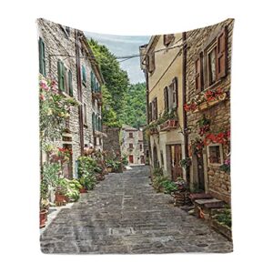 lunarable wanderlust throw blanket, narrow old street flowers in italy medieval historic buildings, flannel fleece accent piece soft couch cover for adults, 50" x 60", beige green ivory