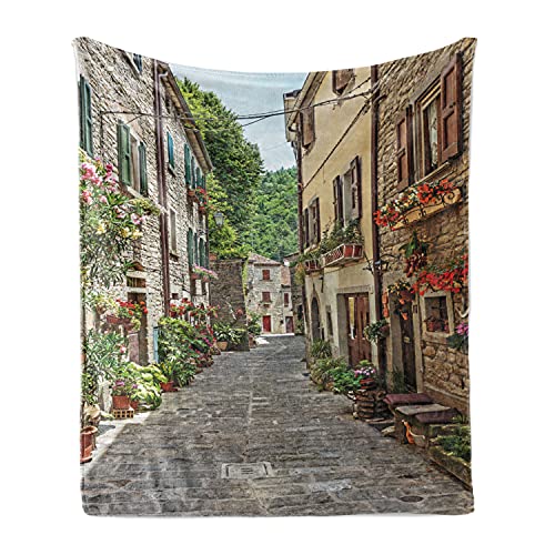 Lunarable Wanderlust Throw Blanket, Narrow Old Street Flowers in Italy Medieval Historic Buildings, Flannel Fleece Accent Piece Soft Couch Cover for Adults, 50" x 60", Beige Green Ivory