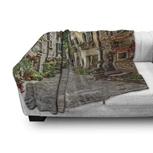 Lunarable Wanderlust Throw Blanket, Narrow Old Street Flowers in Italy Medieval Historic Buildings, Flannel Fleece Accent Piece Soft Couch Cover for Adults, 50" x 60", Beige Green Ivory