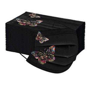 50Pcs Butterfly Printed Black Disposable_Face_Masks for Adult,3-ply Face Protection Covering with Elastic Earloop and Nose Clip,Comfortable & High Filtration &Ventilation (D)