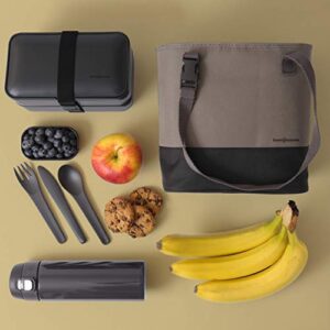 Premium Bento Lunch Box with Insulated Lunch Bag - Box Includes Sauce Cup, Divider, Cutlery & Chopsticks - Bag Made of Durable Materials, Variable Strap/Handler, Wide Opening - Zero Waste & Food-Safe