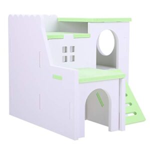 tehaux wooden hamster house- double layers small pet playground with slide, hamster hideout hut play toys for dwarf hamster, mouse, rat and other small animals (green)