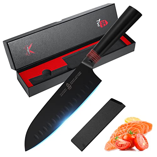 TUO Santoku Knife 7" - Pro Japanese Cleaver Knife Super Sharp Hollow Ground Edge - HC Japanese AUS-8 Stainless Steel - Comfortable Pakkawood Handle - with Sheath & Gift Box - Dark Knight Series