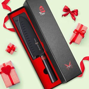 TUO Santoku Knife 7" - Pro Japanese Cleaver Knife Super Sharp Hollow Ground Edge - HC Japanese AUS-8 Stainless Steel - Comfortable Pakkawood Handle - with Sheath & Gift Box - Dark Knight Series