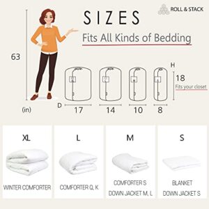 Roll&Stack Storage Bag Organizer for Comforters, Blankets, Bedding, Puffer, Large Clothes, Stackable, Underbed, Dustproof, Washable, High Density Premium Fabric, Organization Pouch, Space Saving Bags - L (45L), White, 2 pack