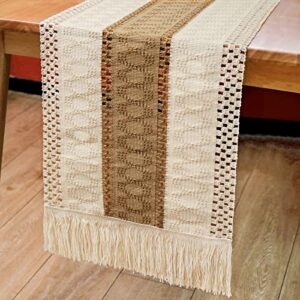 aerwo macrame table runner splicing cotton and burlap table runner, woven table runner farmhouse style with tassels boho table runner for wedding bridal shower home dining table decor, 12 x 108 inch