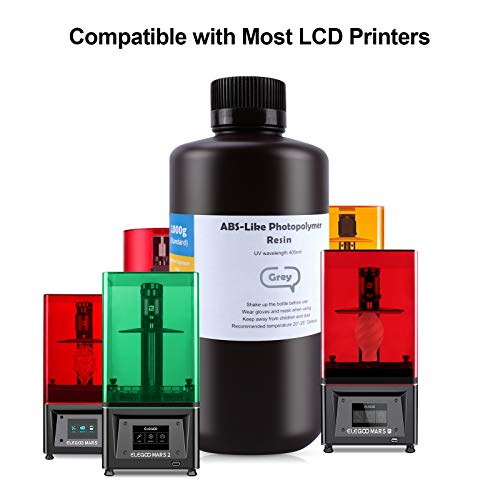 ELEGOO ABS-Like 3D Printer Resin, 405nm UV-Curing LCD Resin High Precision Fast Curing Non-Brittle Standard Photopolymer Resin for LCD Printing Grey 1000G