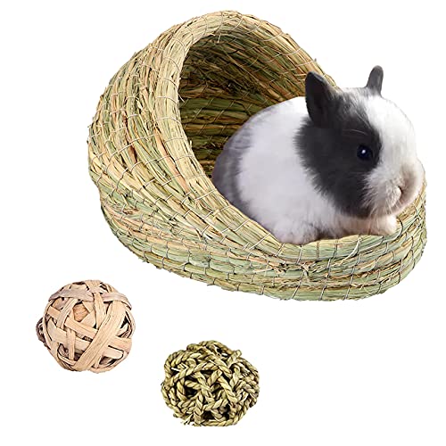 Hamiledyi Bunny Grass Bed, Rabbit Woven Hay Bed, Small Pets Natural Handcrafted Grass House with Hay Chew Balls for Chinchillas Guinea Pigs Hedgehog Rat 3PCS