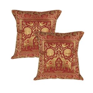 set of 2 home decorative square pillowcase bohemian throw pillow cushion cover banaras brocade silk woven ethnic traditional royal motifs handcrafted for gift pillowcase (maroon)