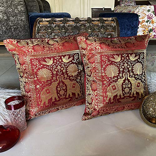 Set of 2 Home Decorative Square Pillowcase Bohemian Throw Pillow Cushion Cover Banaras Brocade Silk Woven Ethnic Traditional Royal Motifs Handcrafted for Gift Pillowcase (Maroon)