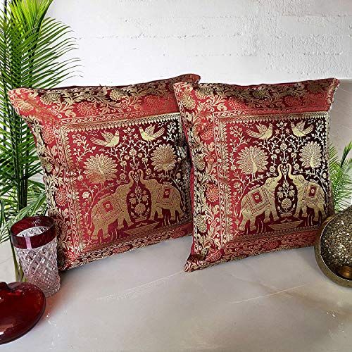 Set of 2 Home Decorative Square Pillowcase Bohemian Throw Pillow Cushion Cover Banaras Brocade Silk Woven Ethnic Traditional Royal Motifs Handcrafted for Gift Pillowcase (Maroon)