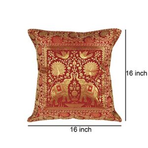 Set of 2 Home Decorative Square Pillowcase Bohemian Throw Pillow Cushion Cover Banaras Brocade Silk Woven Ethnic Traditional Royal Motifs Handcrafted for Gift Pillowcase (Maroon)