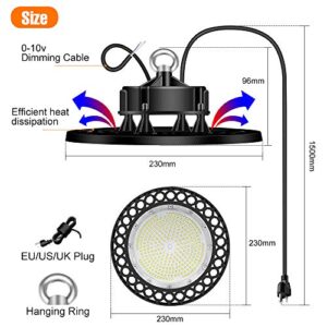 150W LED High Bay Light UFO 25000Lumens 5000K Daylight 1-10V Dimmable LED Commercial Bay Lighting 100-277Volts Area Lamp IP65 Waterproof ，Hook Included ，5’Cable with US Plug ，600W HID/HPS Replacement