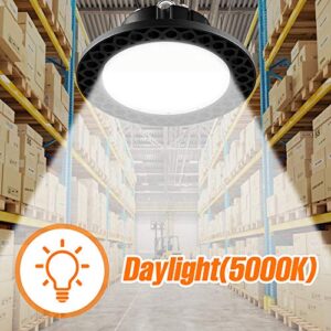 150W LED High Bay Light UFO 25000Lumens 5000K Daylight 1-10V Dimmable LED Commercial Bay Lighting 100-277Volts Area Lamp IP65 Waterproof ，Hook Included ，5’Cable with US Plug ，600W HID/HPS Replacement