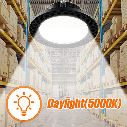 150W LED High Bay Light UFO 25000Lumens 5000K Daylight 1-10V Dimmable LED Commercial Bay Lighting 100-277Volts Area Lamp IP65 Waterproof ，Hook Included ，5’Cable with US Plug ，600W HID/HPS Replacement