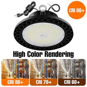 150W LED High Bay Light UFO 25000Lumens 5000K Daylight 1-10V Dimmable LED Commercial Bay Lighting 100-277Volts Area Lamp IP65 Waterproof ，Hook Included ，5’Cable with US Plug ，600W HID/HPS Replacement