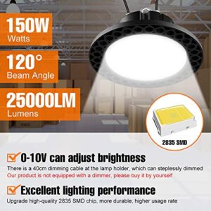 150W LED High Bay Light UFO 25000Lumens 5000K Daylight 1-10V Dimmable LED Commercial Bay Lighting 100-277Volts Area Lamp IP65 Waterproof ，Hook Included ，5’Cable with US Plug ，600W HID/HPS Replacement