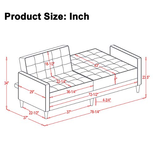 HABITRIO Loveseat, Modern Velvet Upholstered Sofa Bed w/Square Armrest, Tapered Legs, 2 Individual Backs w/ 3 Adjustable Position, 78” Sofa Couch, Easy Assembly for Living Room, Bedroom (Grey)