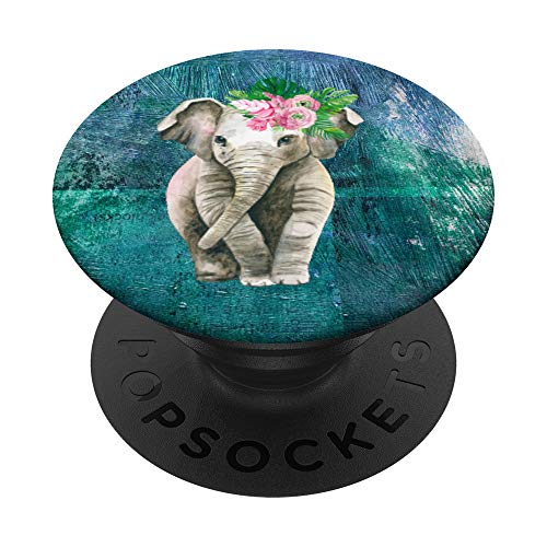 Elephant With Flowers Cute Pretty Blue Girly Teenagers Tween PopSockets PopGrip: Swappable Grip for Phones & Tablets