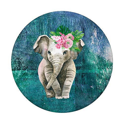 Elephant With Flowers Cute Pretty Blue Girly Teenagers Tween PopSockets PopGrip: Swappable Grip for Phones & Tablets