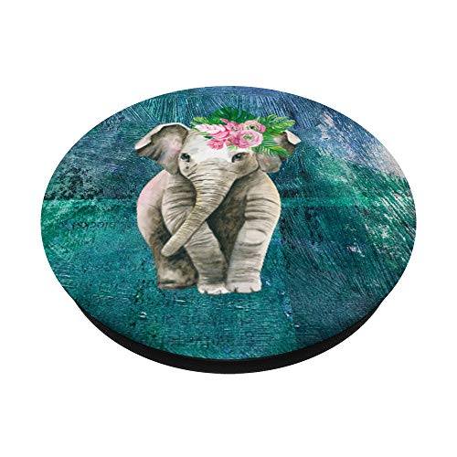 Elephant With Flowers Cute Pretty Blue Girly Teenagers Tween PopSockets PopGrip: Swappable Grip for Phones & Tablets