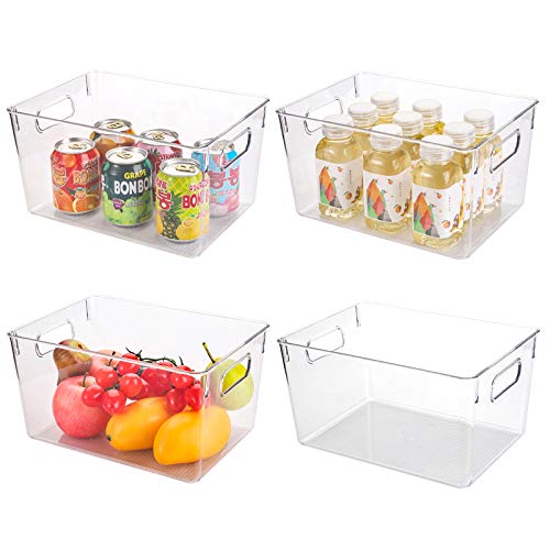 Kingrol 4 Pack Plastic Storage Bins for Freezer, Pantry, Countertop, Cabinet Organization, Stackable Food Storage Organizer with Handles, BPA Free, 10.75 x 7.75 x 6 Inch