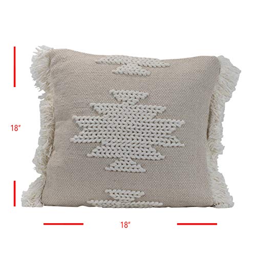 Foreside Home & Garden White Braided Geometric Pattern Handwoven 18x18 Decorative Cotton Throw Pillow with Hand Tied Fringe