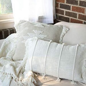 Foreside Home & Garden White Braided Geometric Pattern Handwoven 18x18 Decorative Cotton Throw Pillow with Hand Tied Fringe