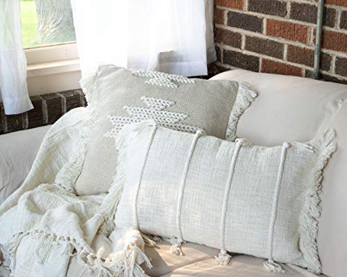 Foreside Home & Garden White Braided Geometric Pattern Handwoven 18x18 Decorative Cotton Throw Pillow with Hand Tied Fringe